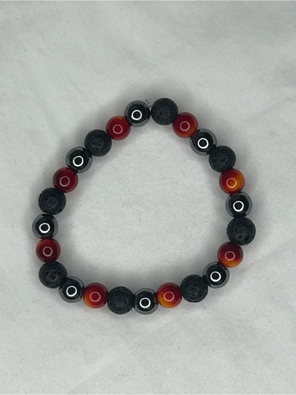 Beaded Stretch Bracelet with Black Lava & Red-Orange Agate